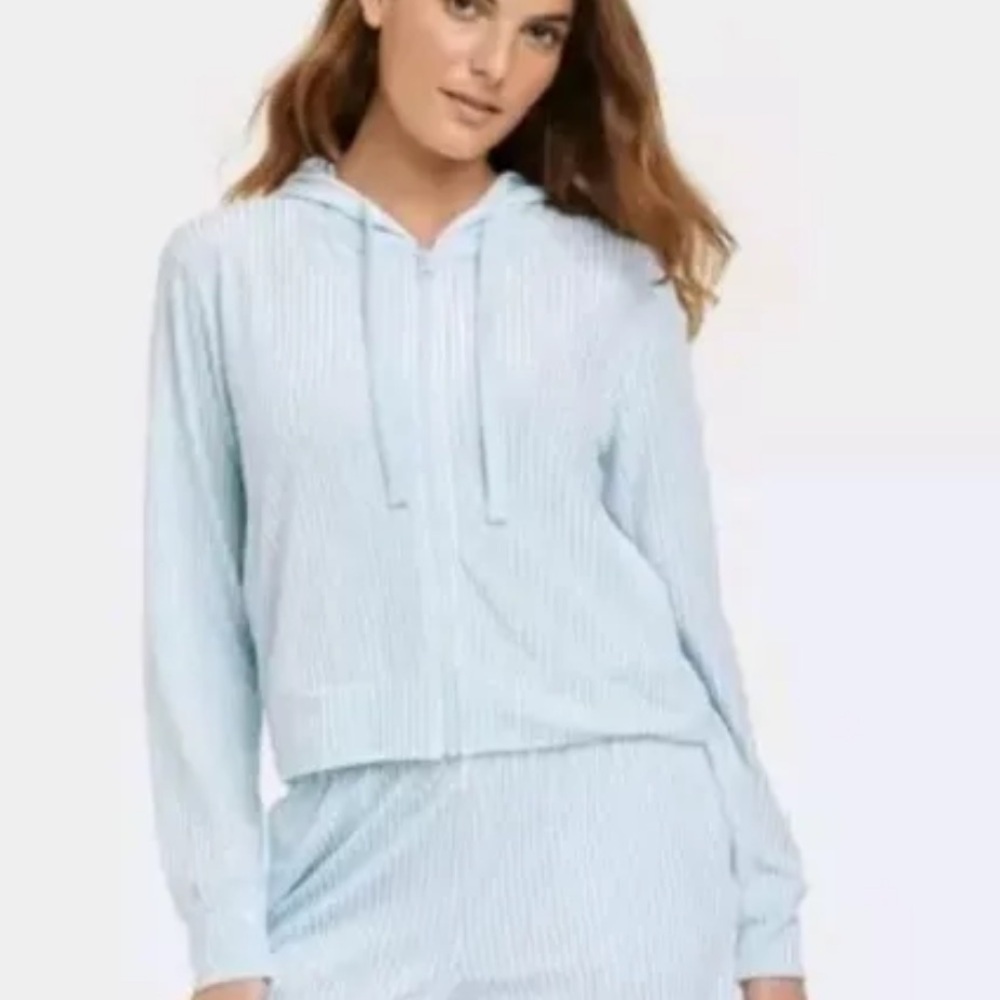 Colsie Velvet Zip Hoodie Sweatshirt Ribbed Blue Aqua Stretch Cropped S